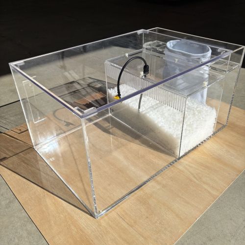 FS100 aquaculture filter sump in clear acrylic with felt bag filter and moving bed bio-filter