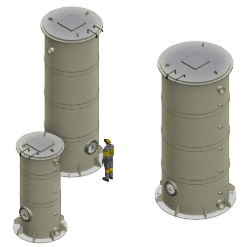 Three MAT aquaculture degassing towers of different capacities shown to scale beside an operator