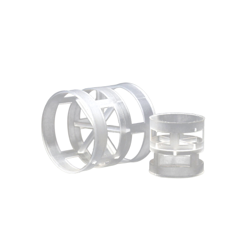 Plastic pall ring media, one ring on its side and one upright, showing two rows of punched holes