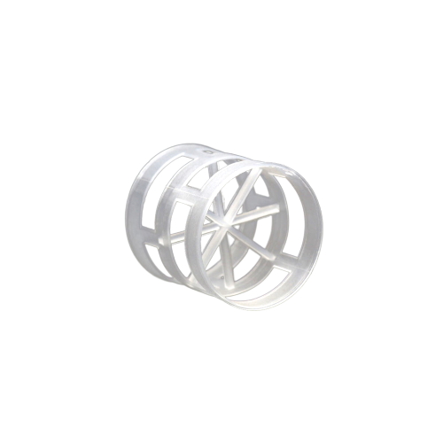 Single plastic pall ring showing the internal fingers and high void volume of the packing